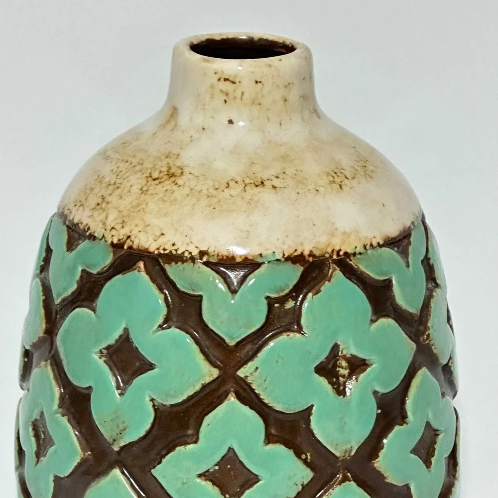 Textured Teal Brown Ceramic Bud Vase Geometric Quatrefoil Boho MCM 6.5 Inch
